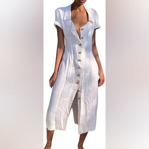 Misslook Midi Dress Size L White Button Up V-Neck Short Sleeve